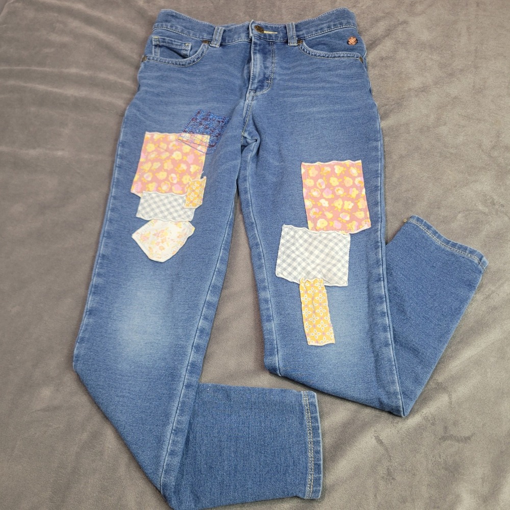 HUD Kids Girls Patchwork Denim Jeans Medium Wash Floral Gingham Size 10 Boho